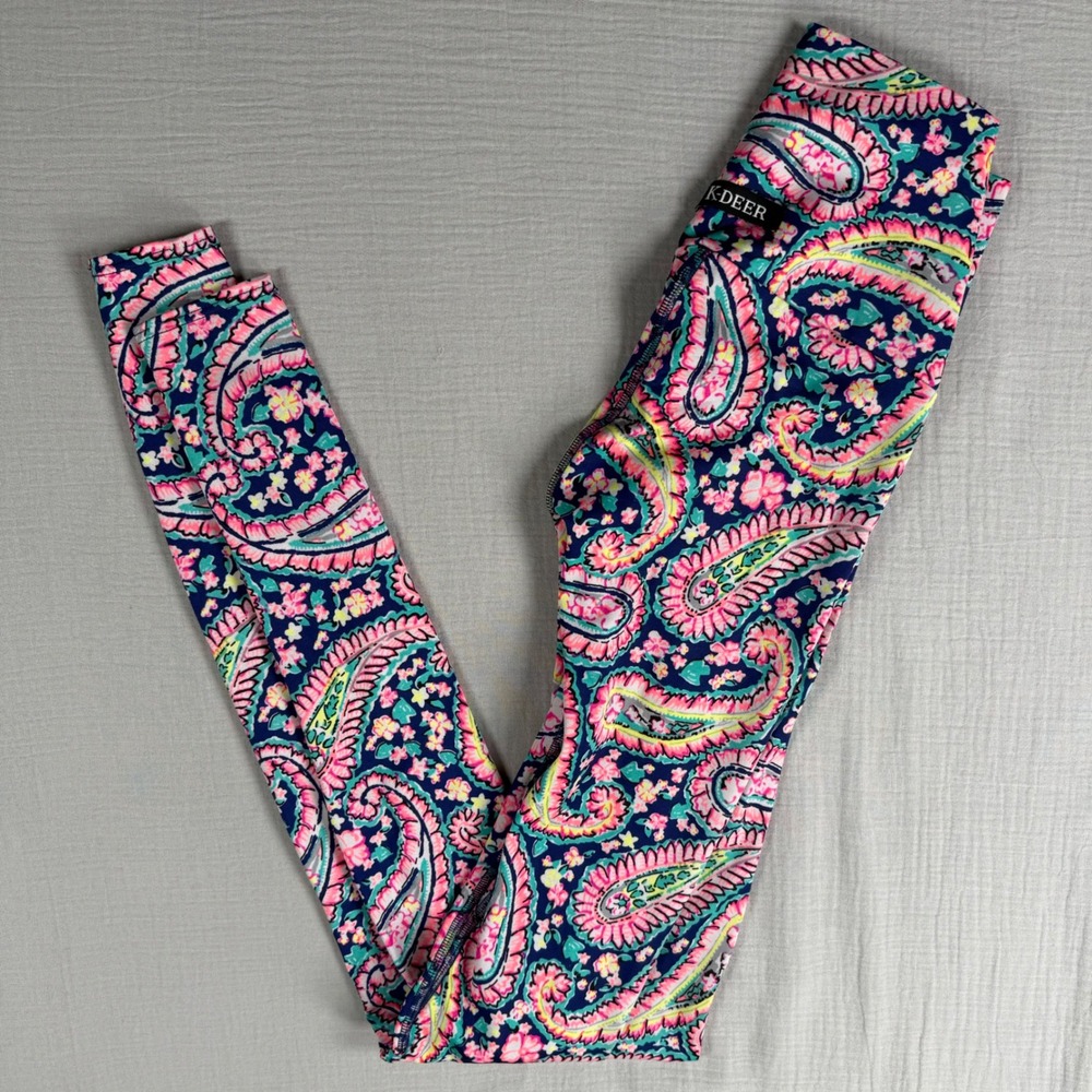 K-DEER Paisley Print Yoga Pants Leggings Women's XS Navy Pink‎ Teal